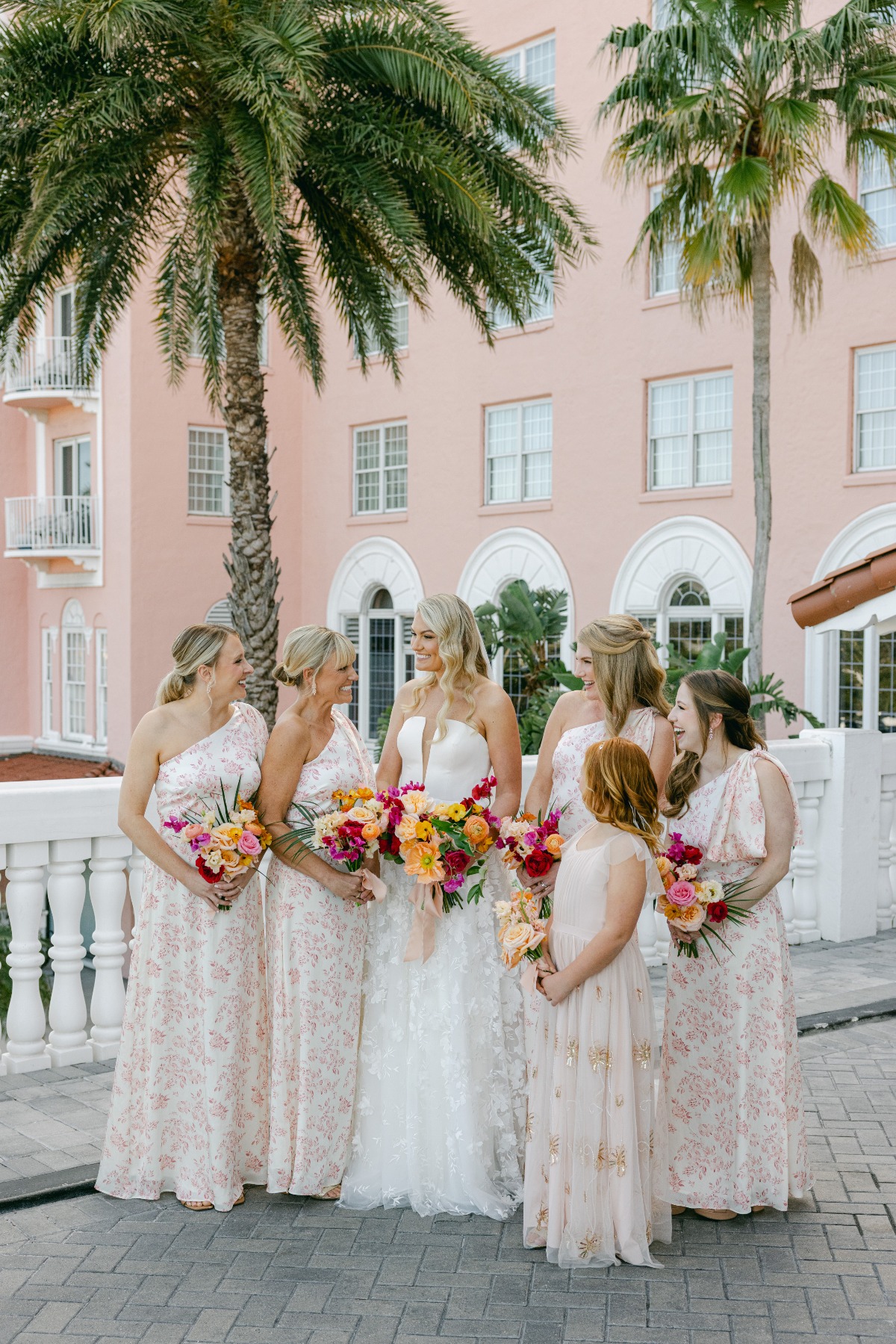 white and pink floral bridesmaids dresses