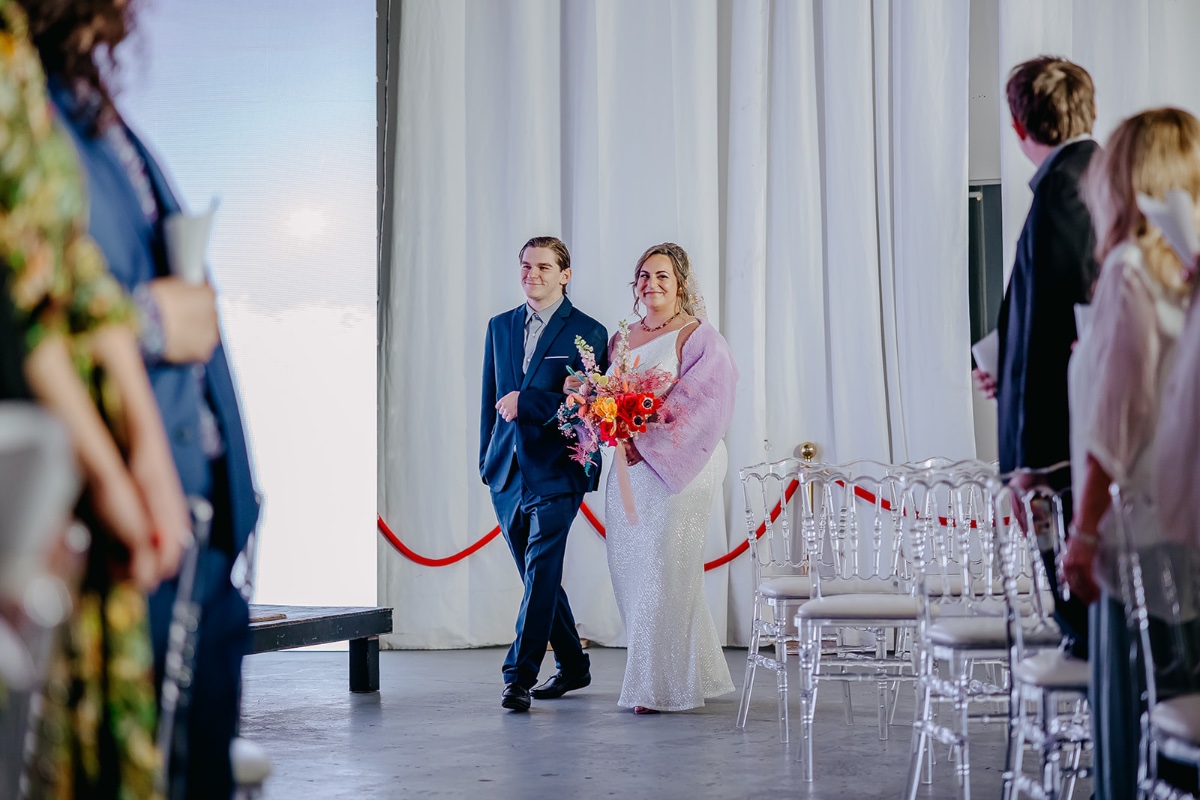 red and lavender wedding ceremony