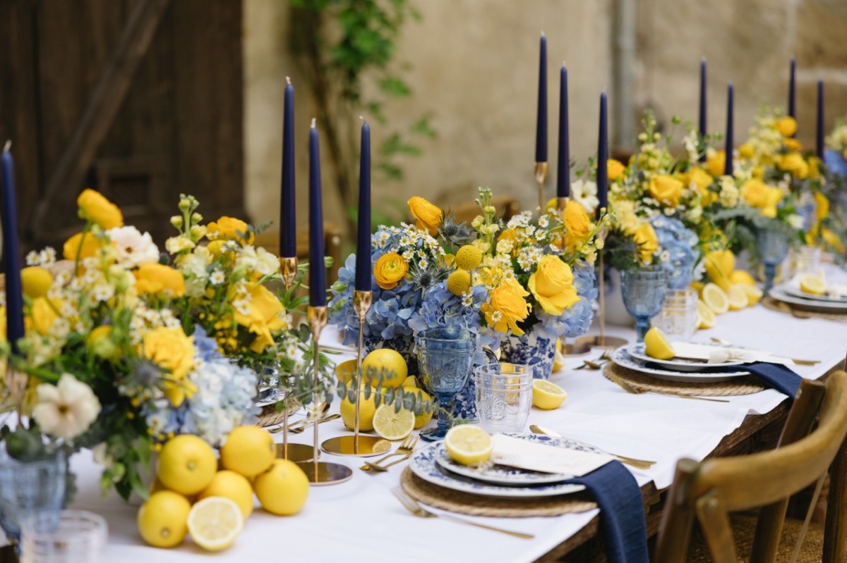 blue and yellow reception tables