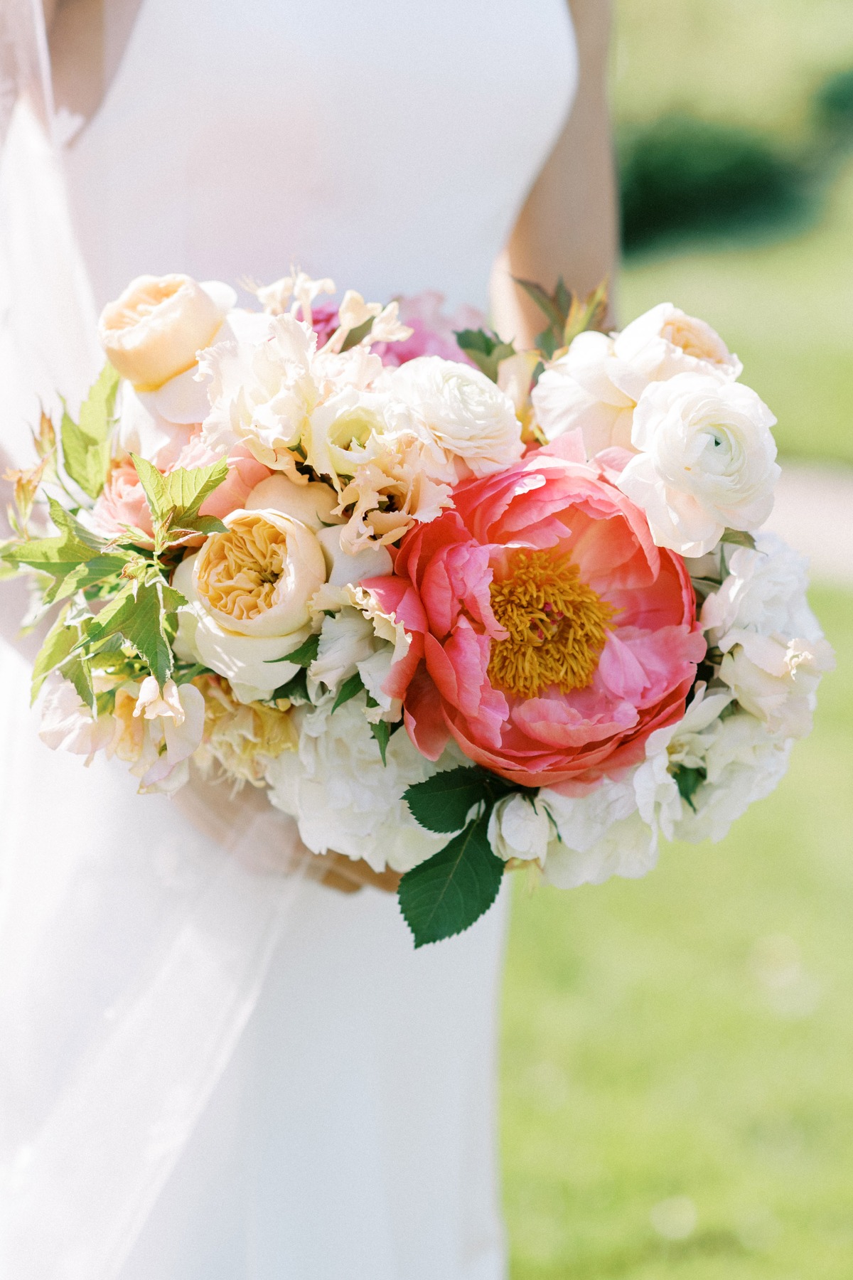 pink and peach peony wedding bouquet