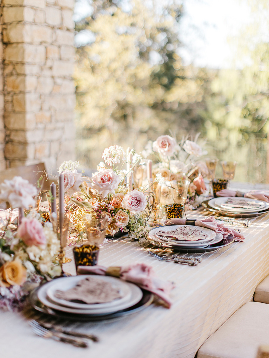 pastel and amber wedding tablescape for ranch wedding