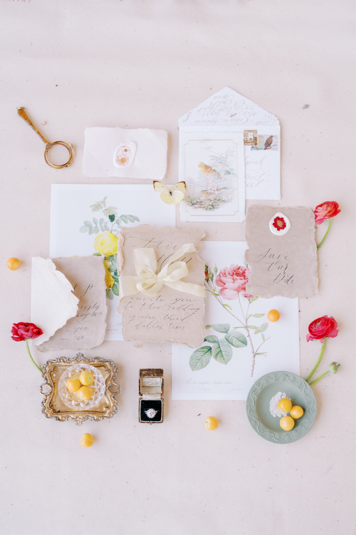 Elegant vintage inspired wedding invitations with florals 