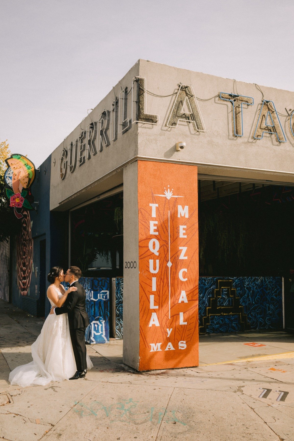 bride and groom first look at taco shop in LA