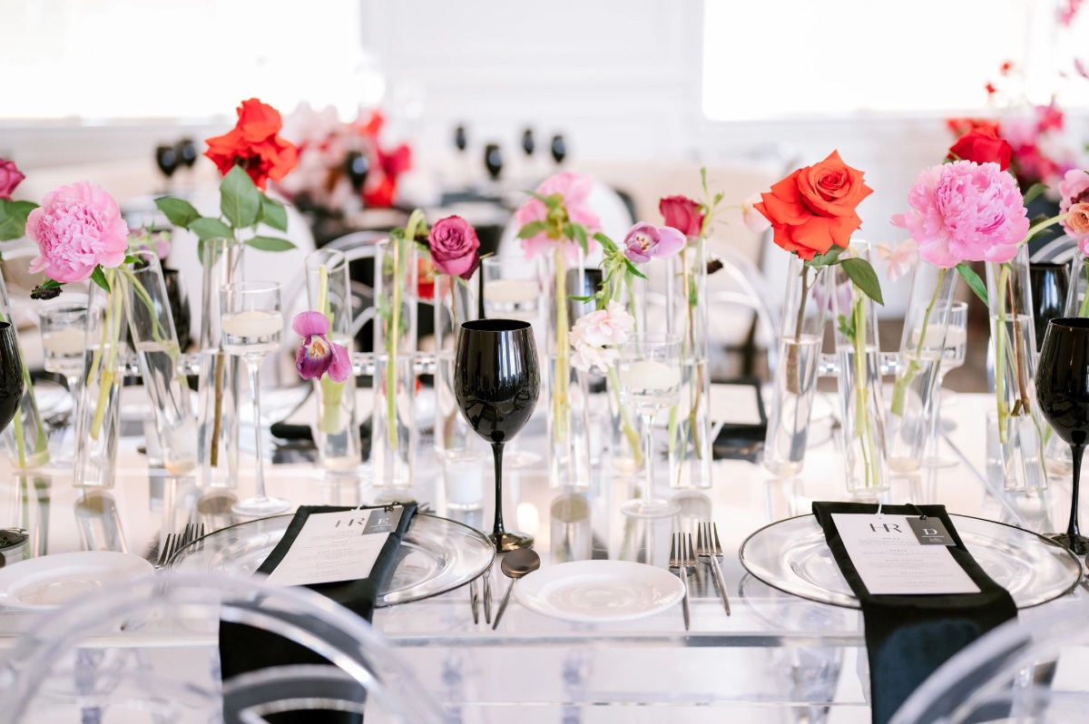 black white pink and red wedding decor