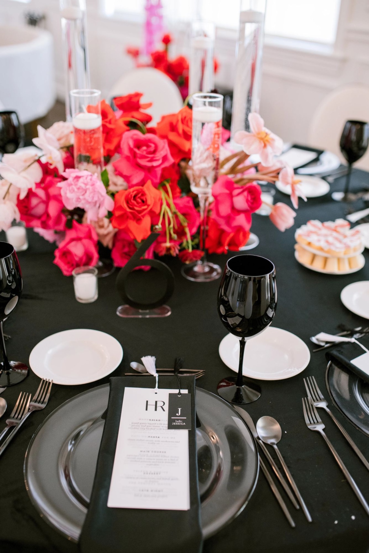 black pink and red wedding tablescape