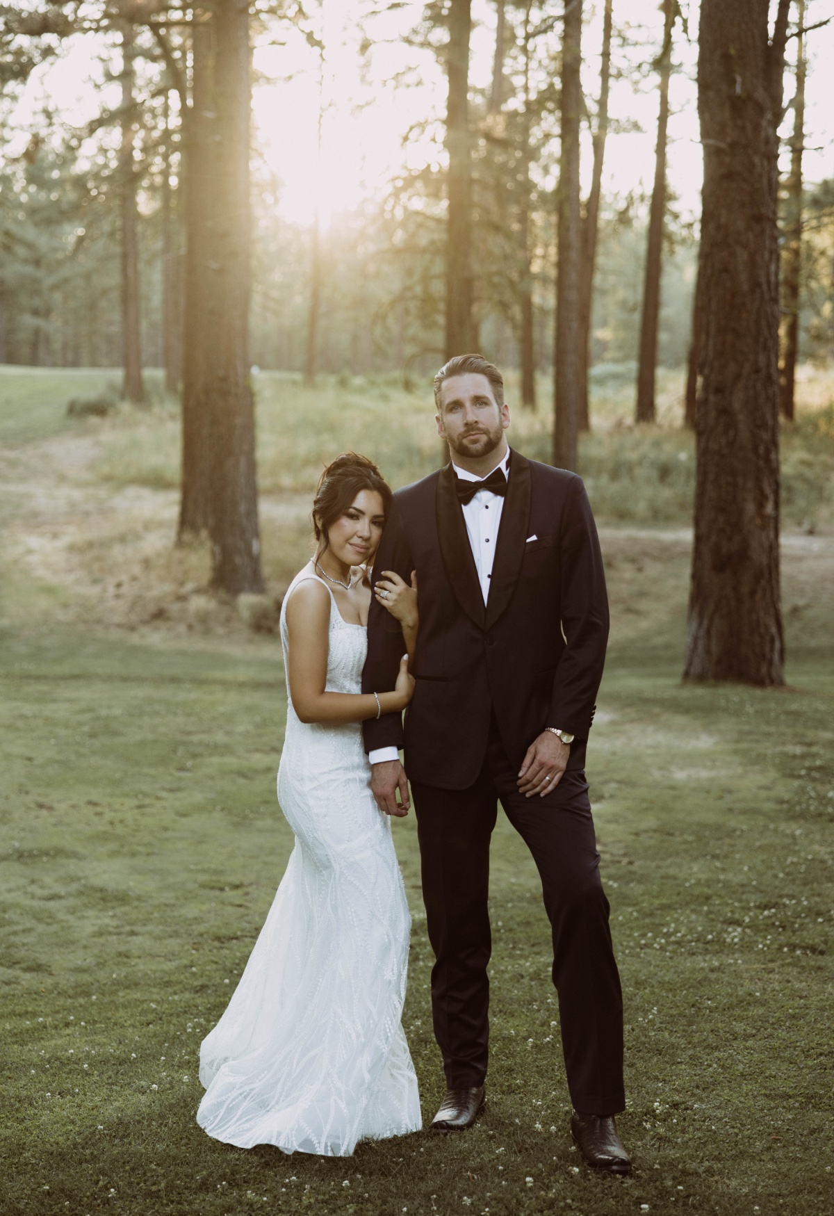 bride and groom at woodland wedding