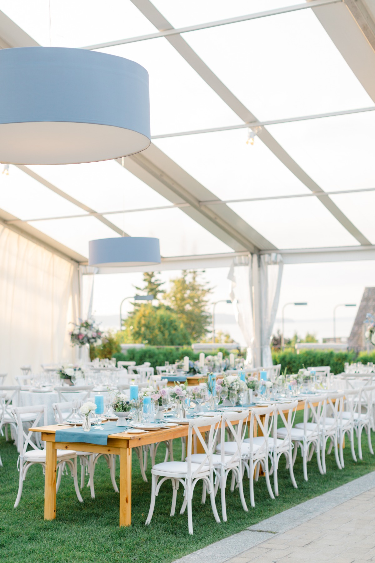 blue purple and white wedding reception