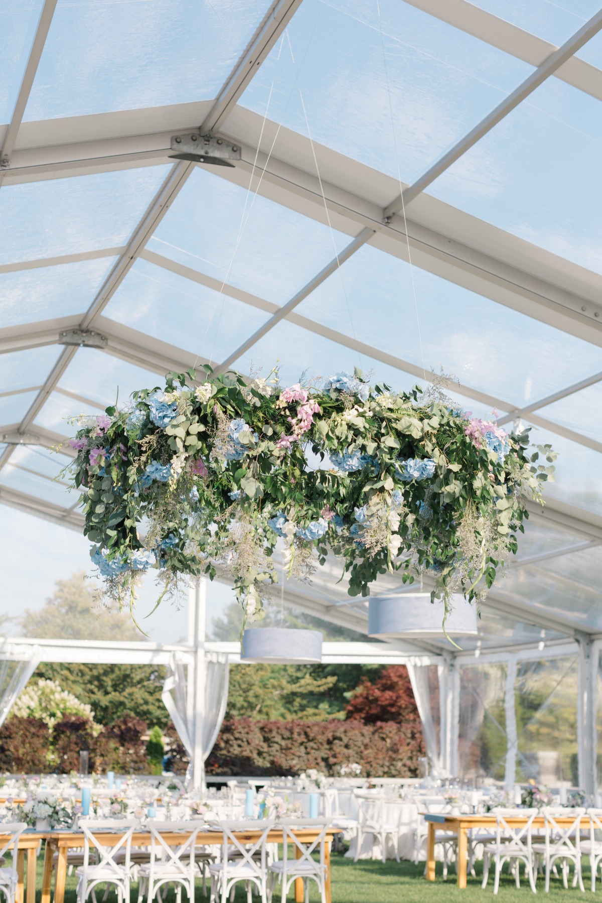 levitating floral installation at tented reception