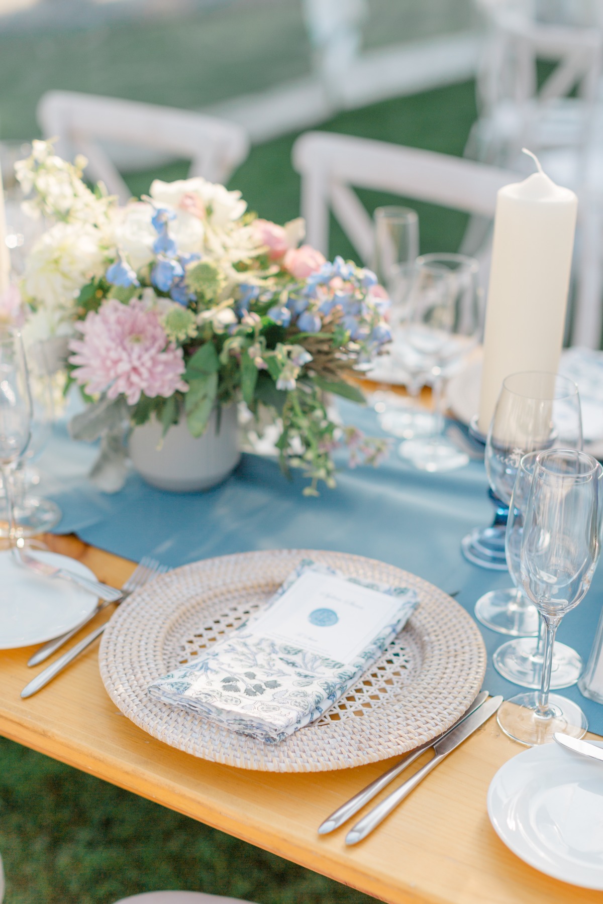 blue and purple wedding tablescape