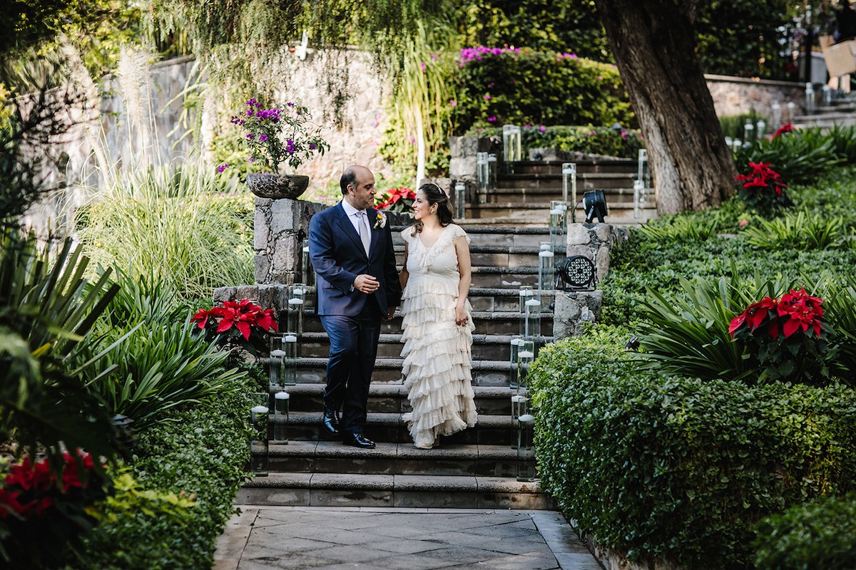 bride and groom at garden wedding in mexico