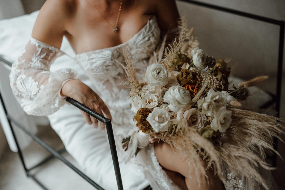 Dried neutral palette boho wedding bouquet 