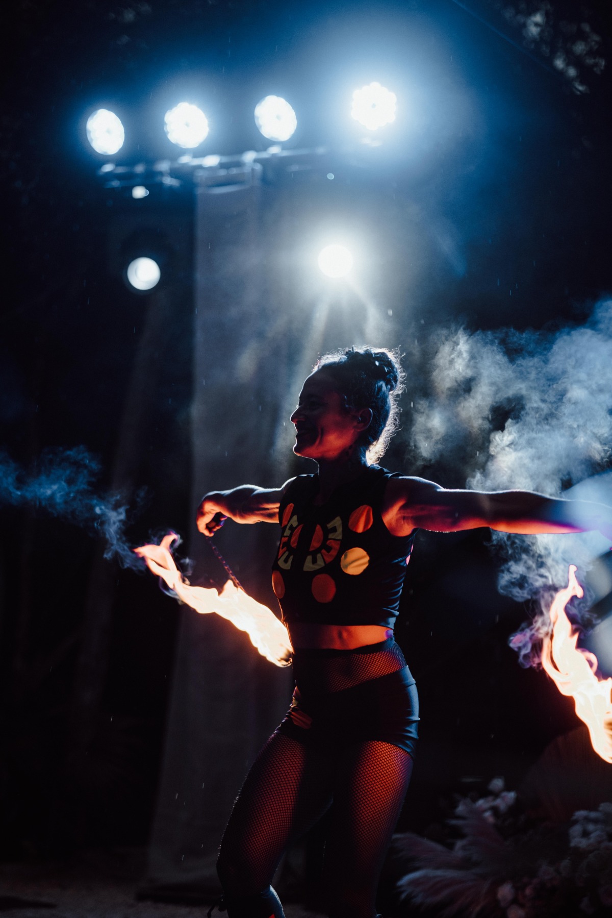 Unique fire dancers at Tulum wedding reception 