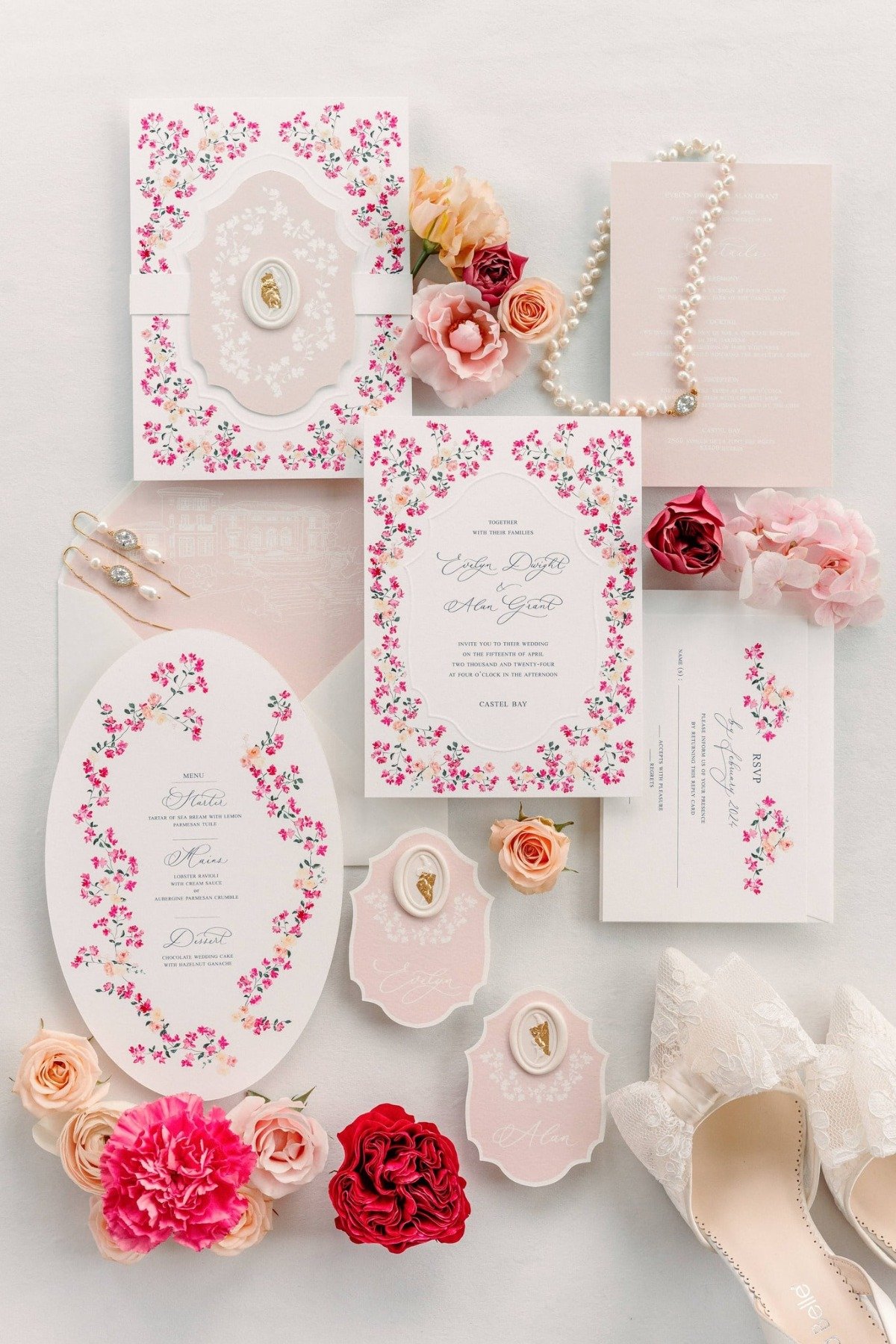 pink and fuchsia wedding invitation suite