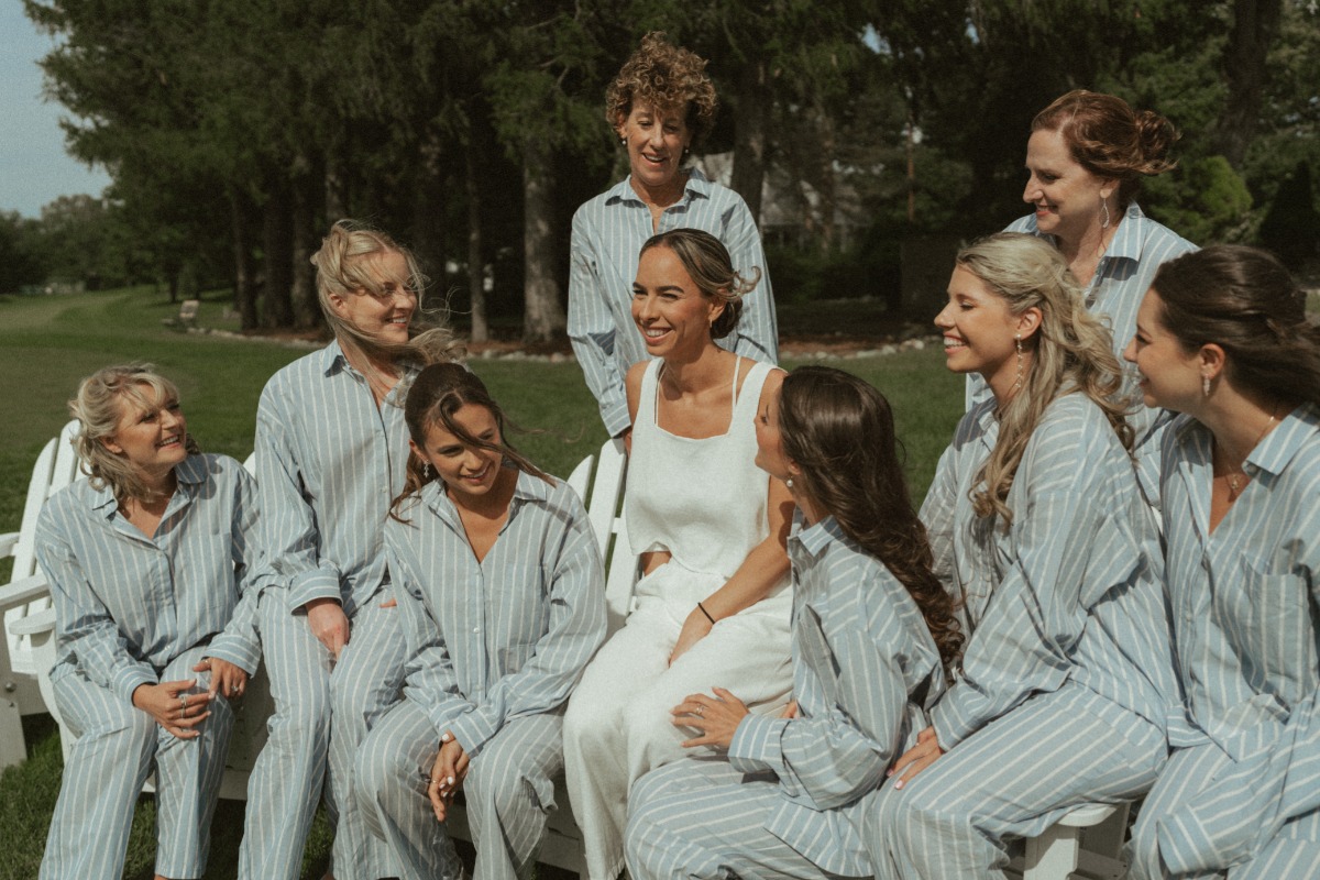 bride and bridesmaids in blue and white linen pajamas