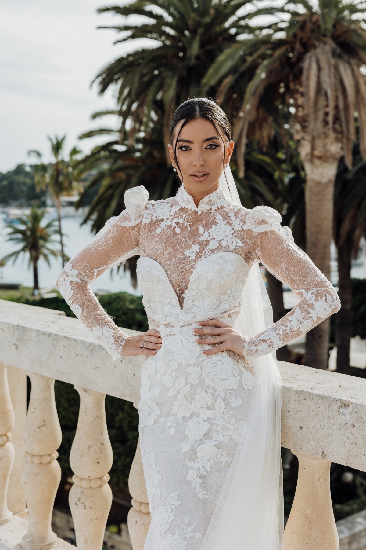 puffy sleeve lace wedding gown with sheer bodice