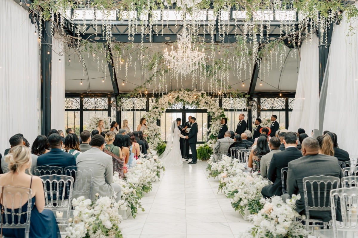 dripping crystals and chandelier wedding ceremony