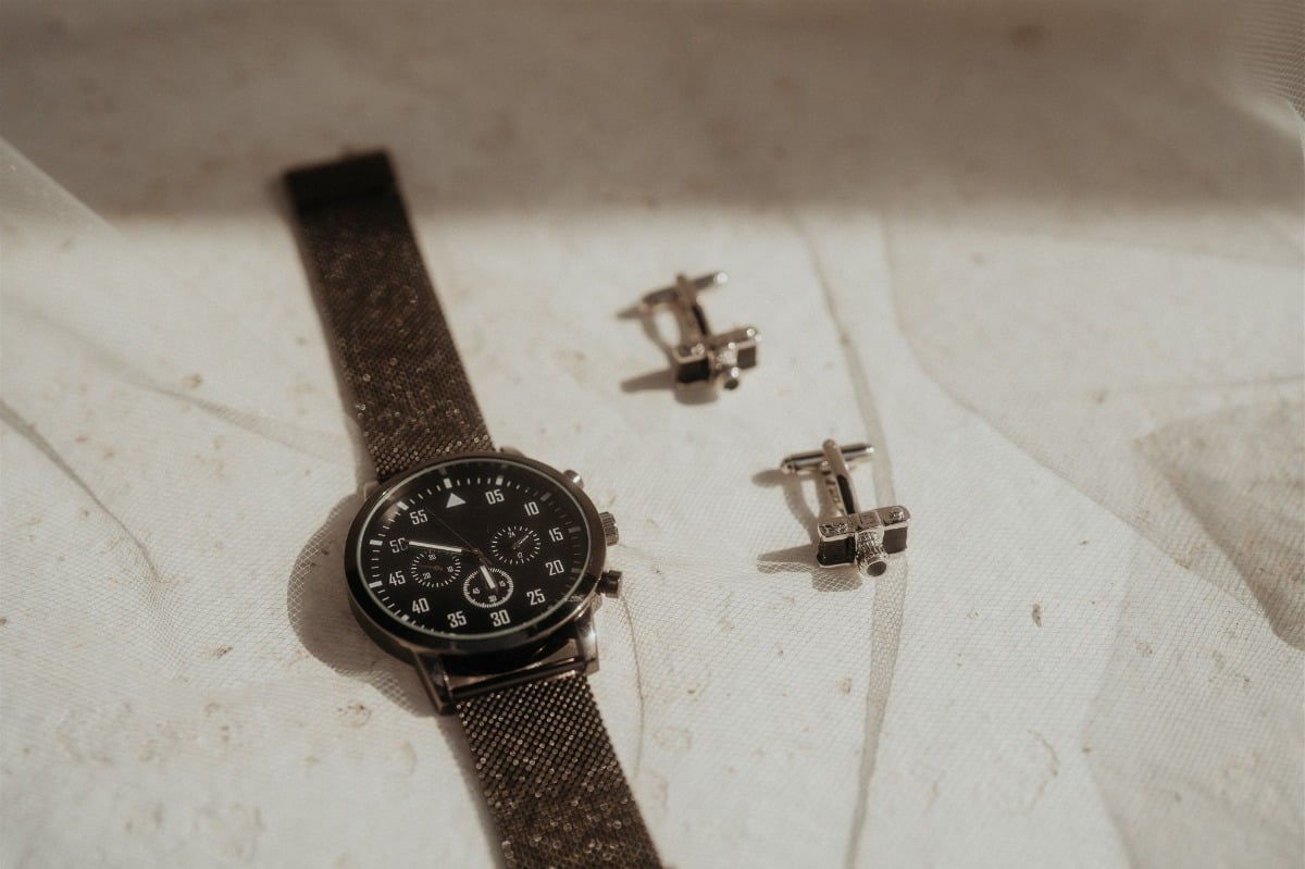 camera cufflinks and watch for groom