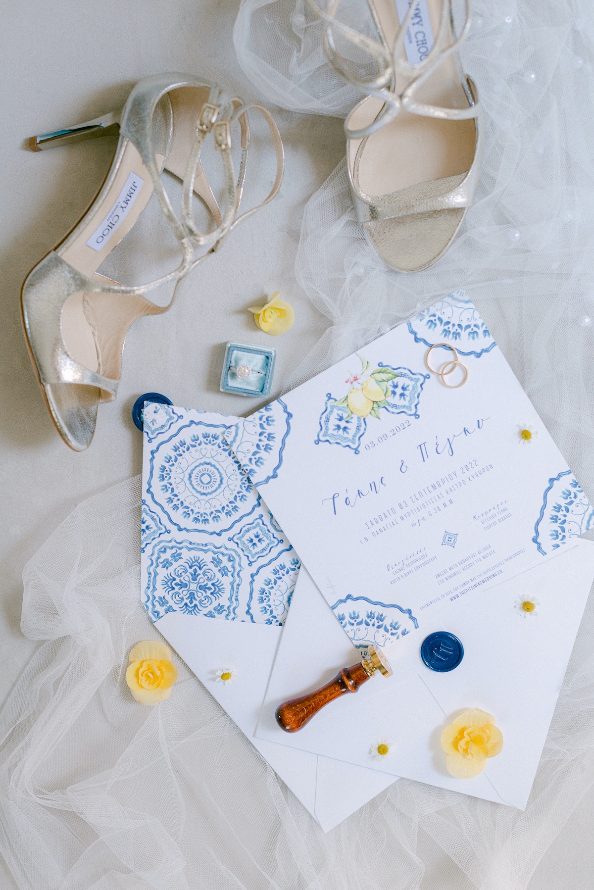 blue white and yellow wedding invitations