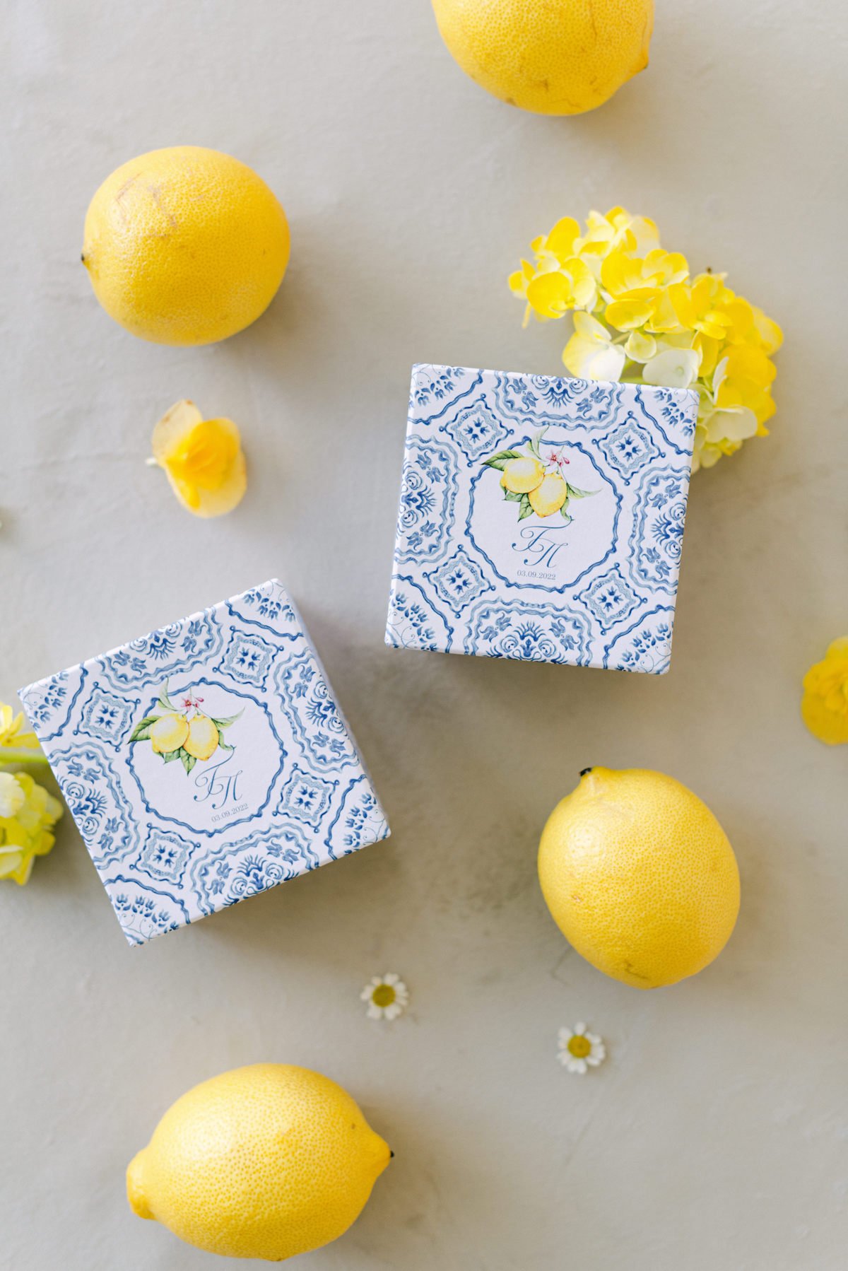 yellow and blue lemon wedding favors