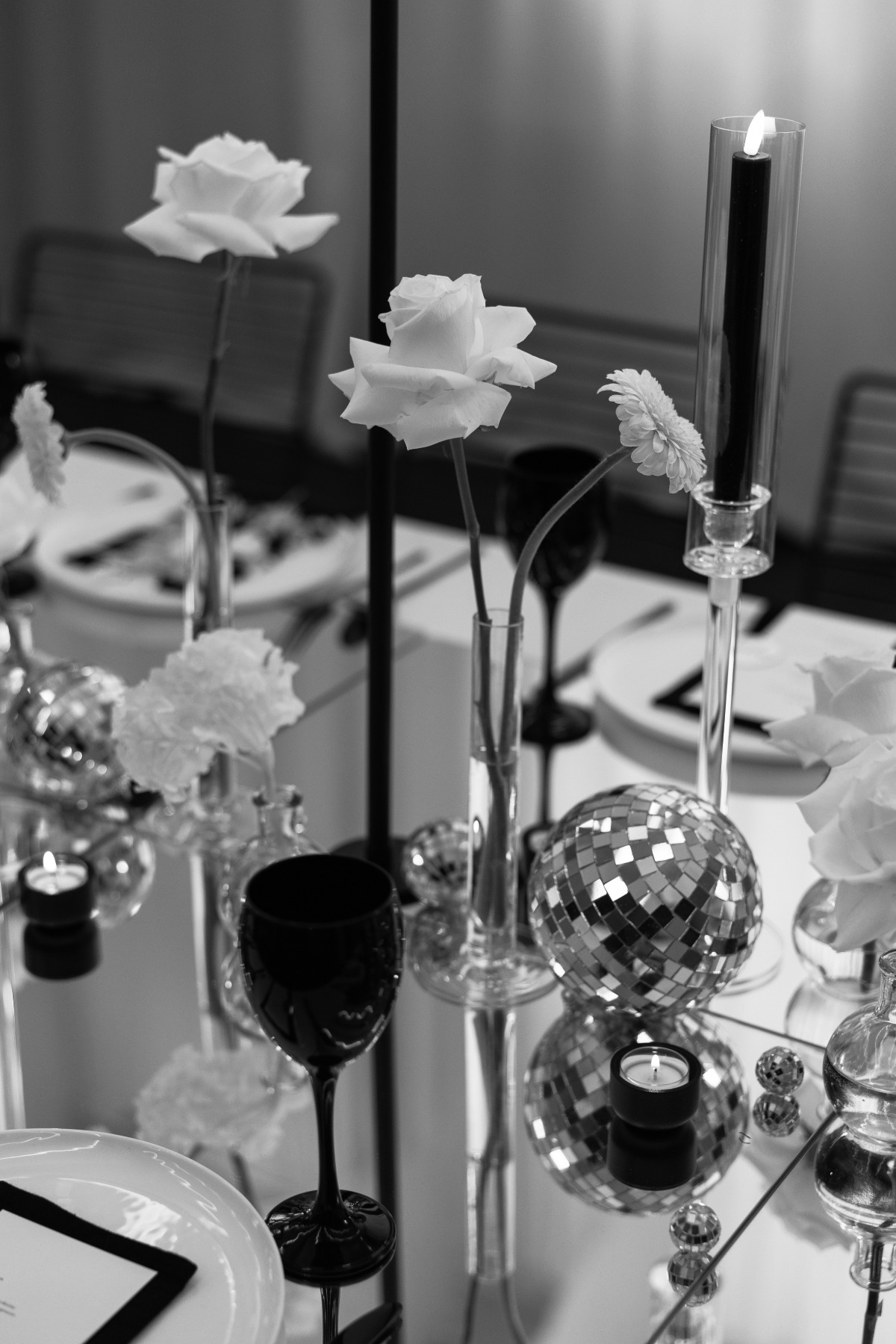 disco ball and white rose wedding decor