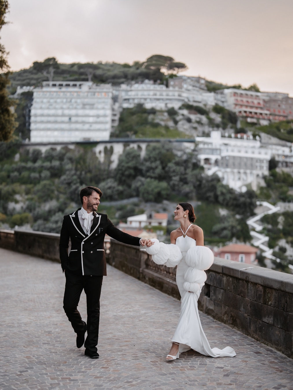 halter wedding dress with puffy sleeves