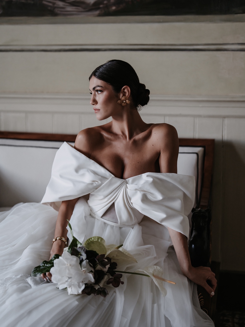 off the shoulder modern wedding gown