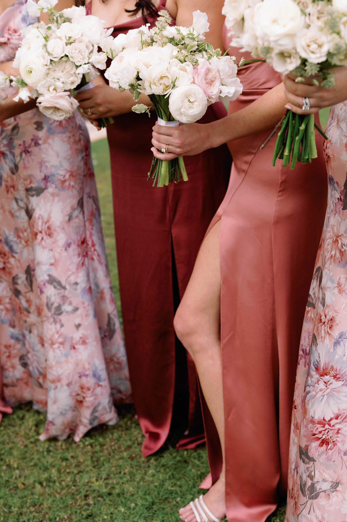 dusty rose and printed bridesmaid dresses