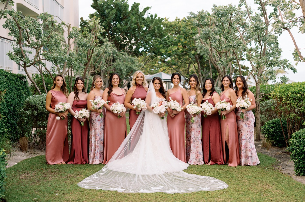 rose wine and printed bridesmaid dresses