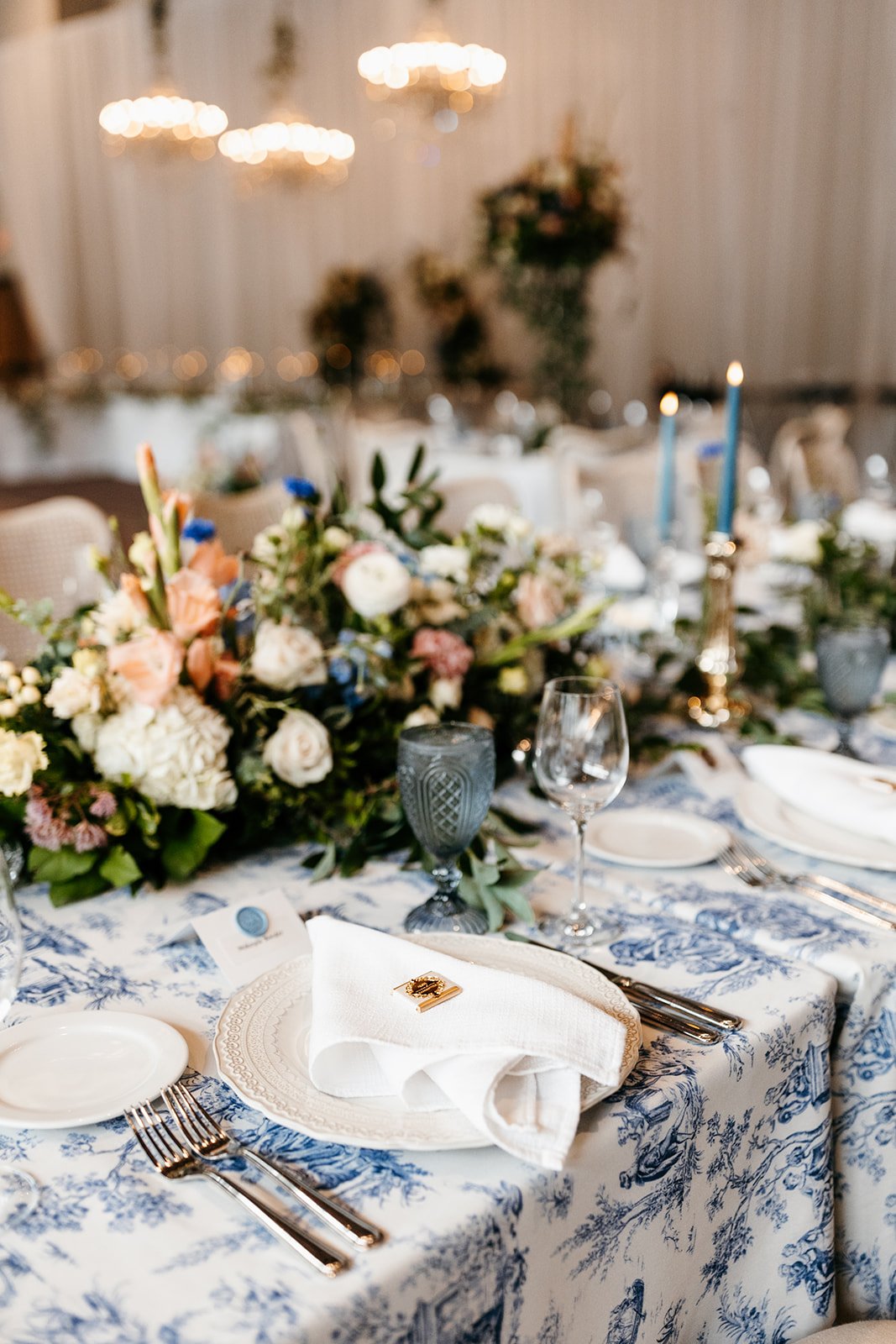 blue white and peach wedding reception ideas