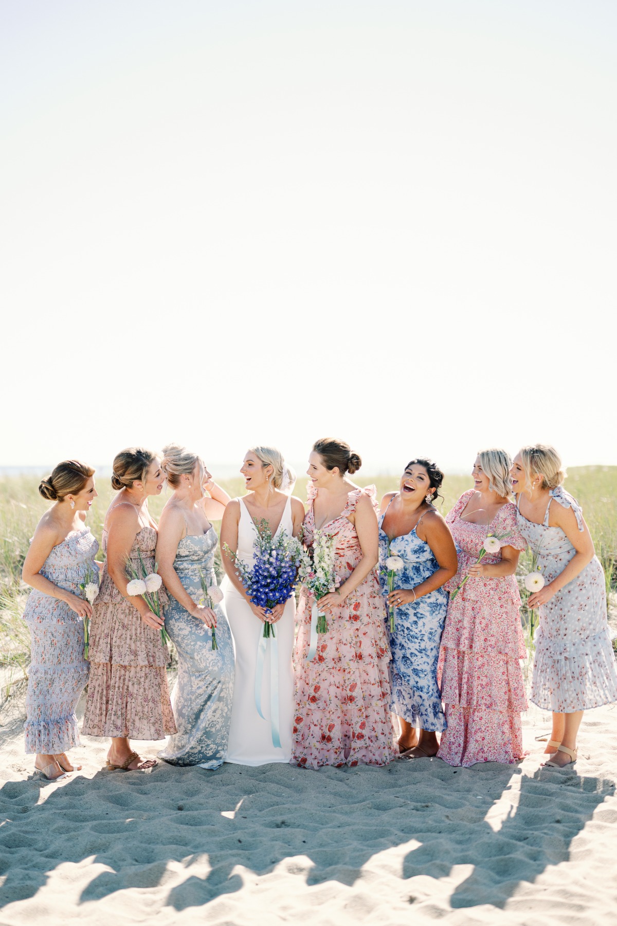 pink and blue floral bridesmaid dresses