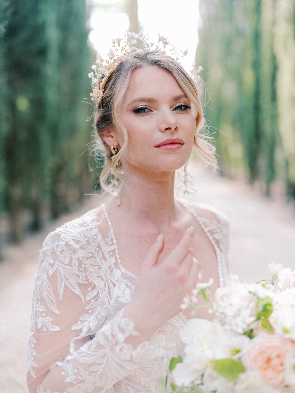 princess bride inspiration with delicate tiara and lace gown