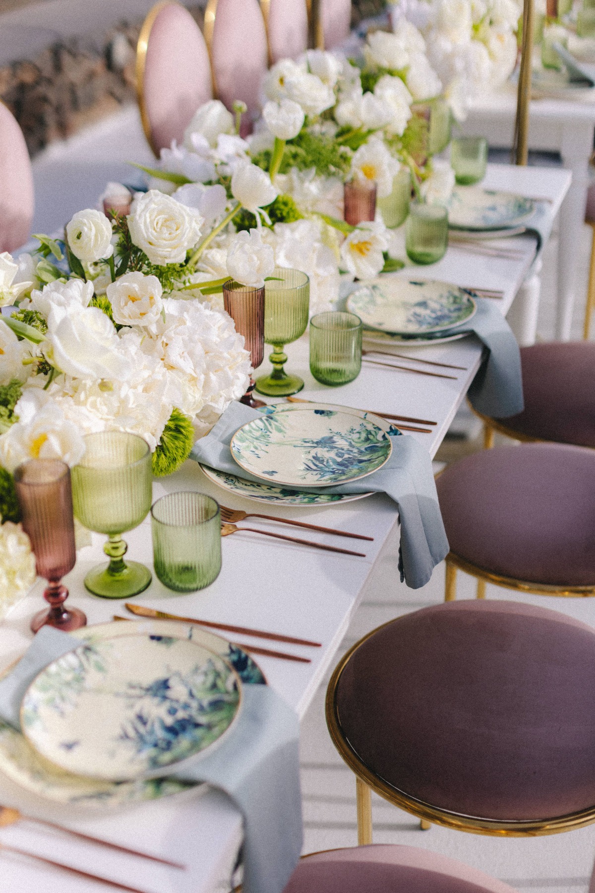 wedding reception ideas with colorful glasses and painted plates