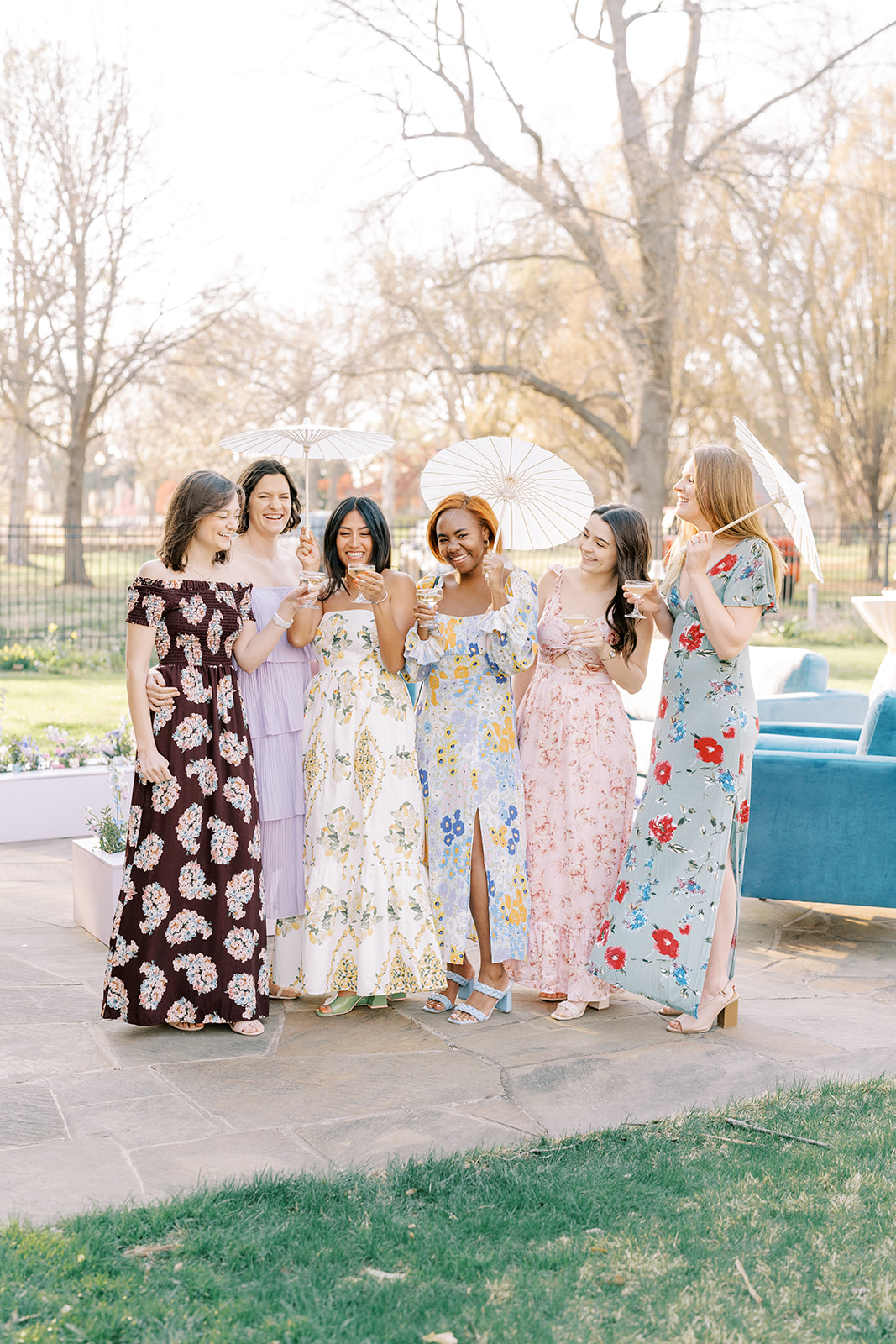 wedding guests in printed floral dresses