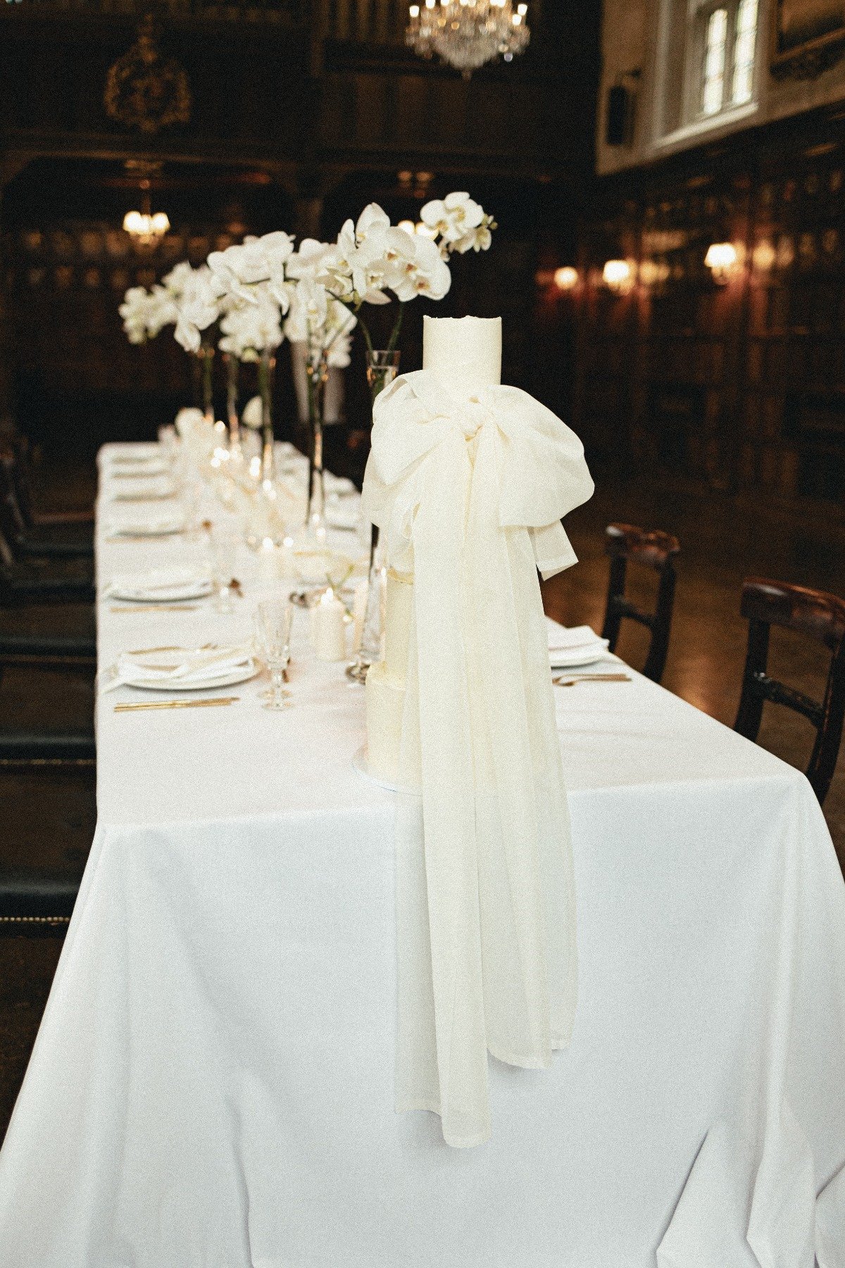 wedding cake with giant fabric bow