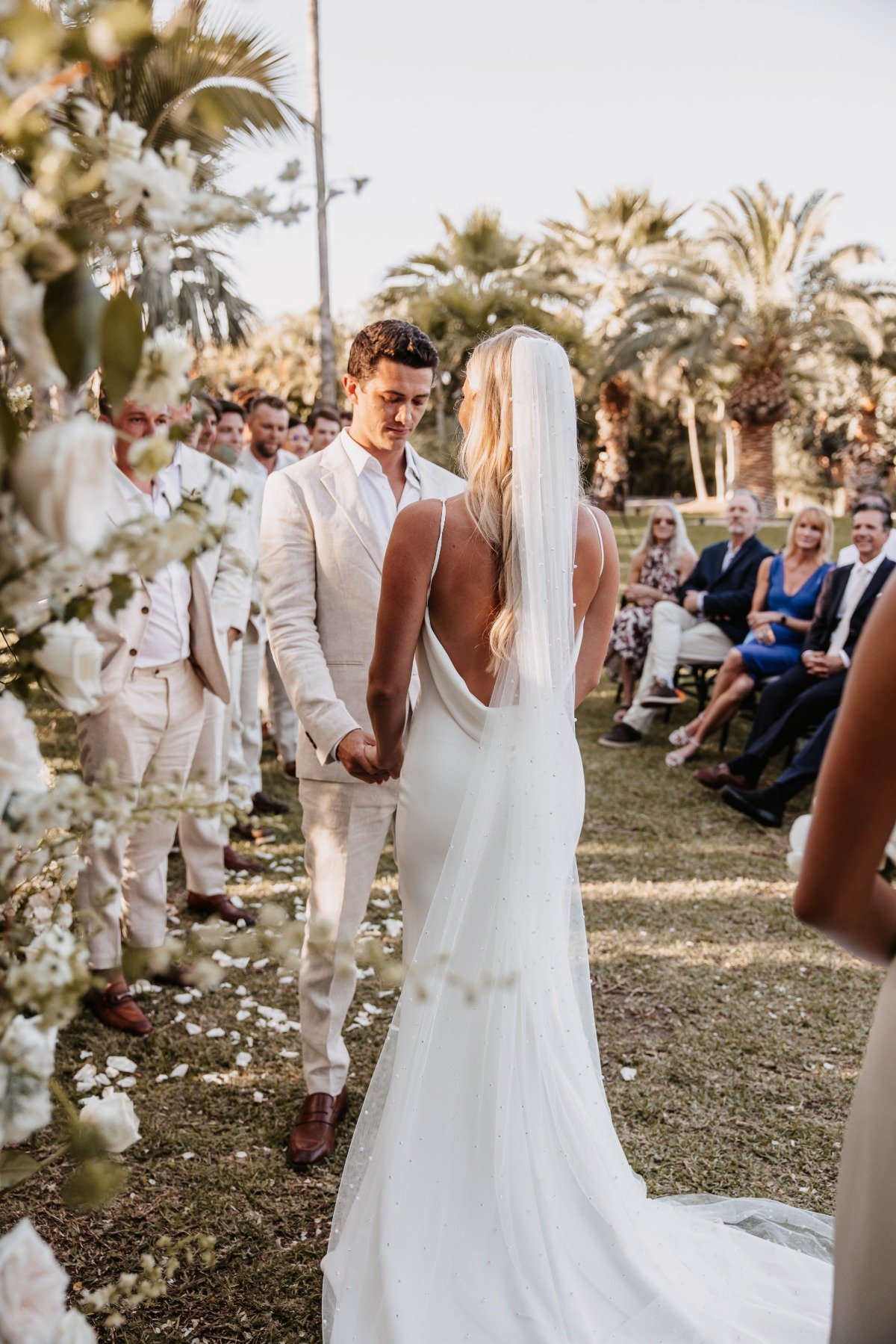 bride and groom at tropical wedding ceremony