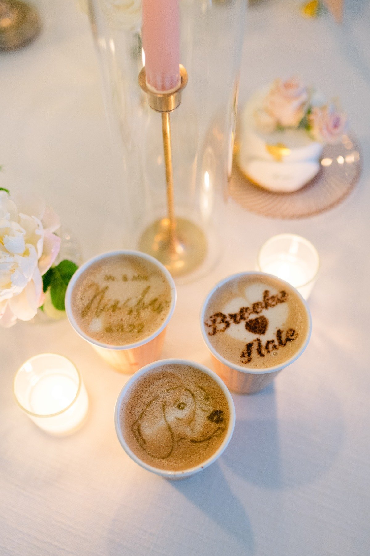 custom latte art at wedding reception