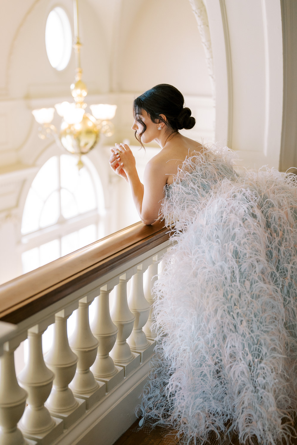 feathery light blue reception dress