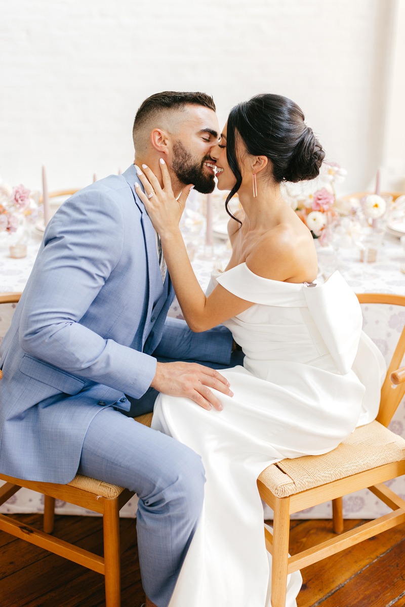 bride and groom in pastel colors for wedding reception