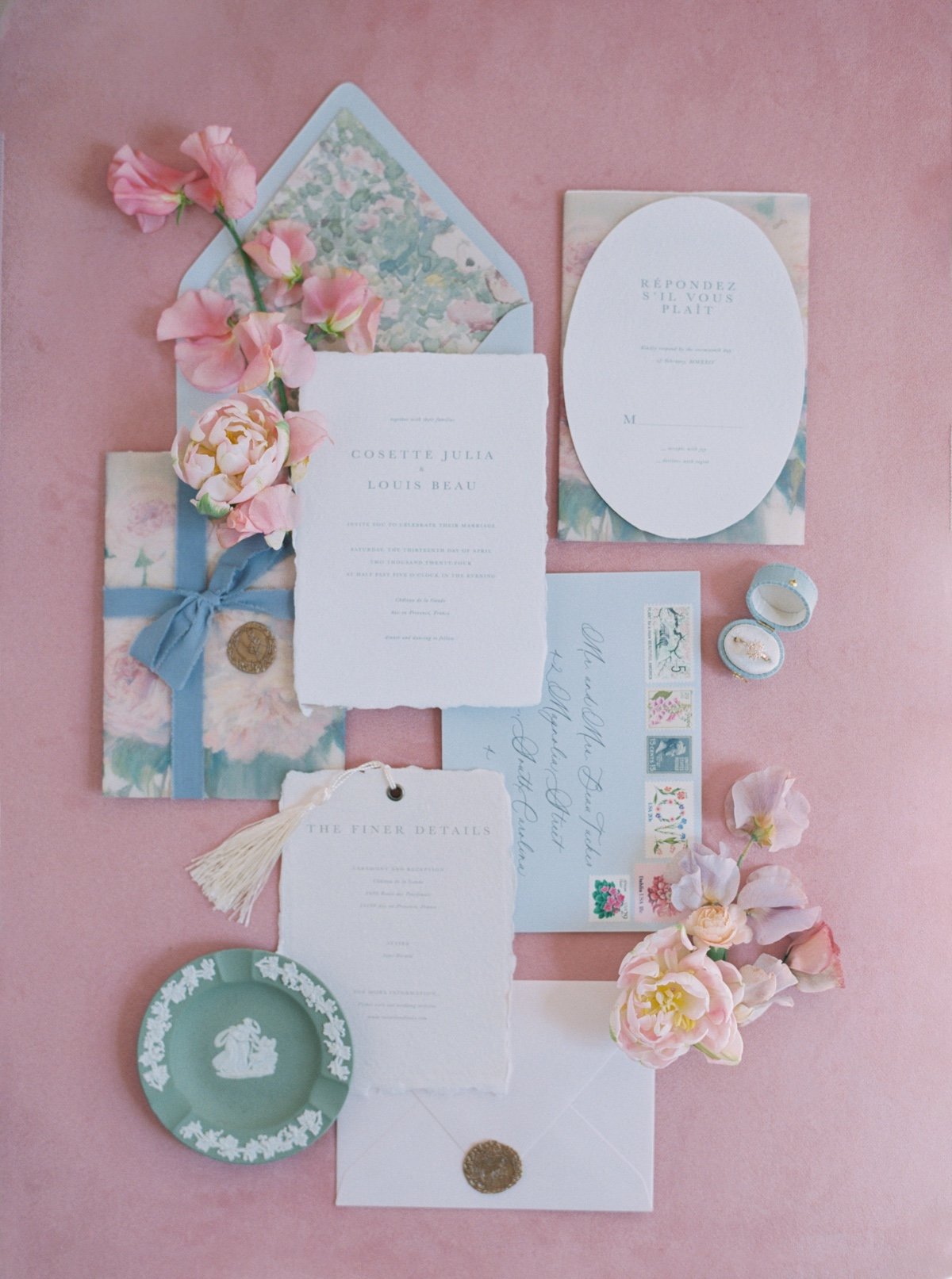 floral pastel wedding invitations with mint accents