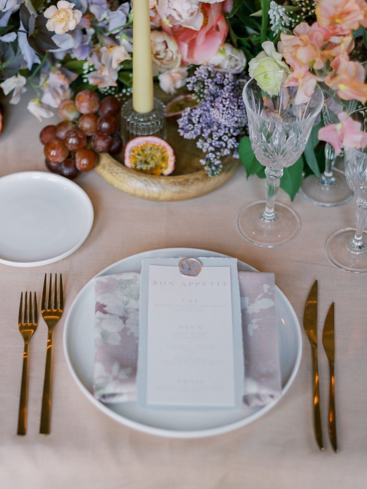 custom menu for pastel wedding with wax seal and pressed flower