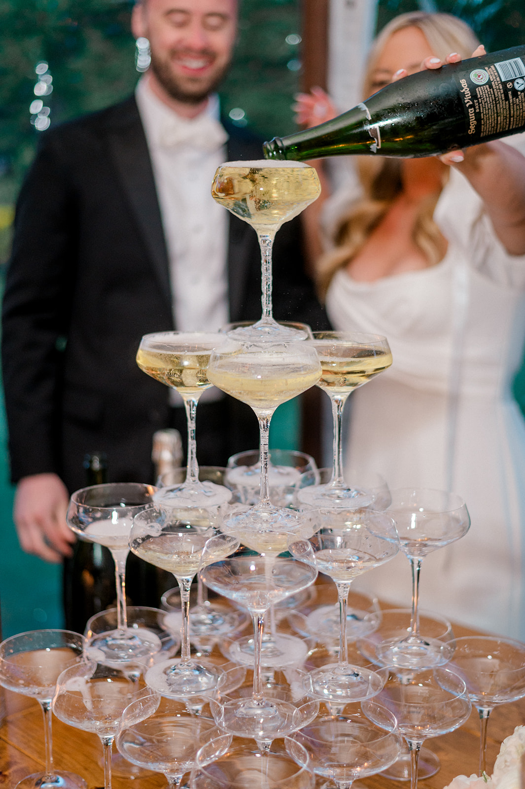 champagne tower at wedding reception