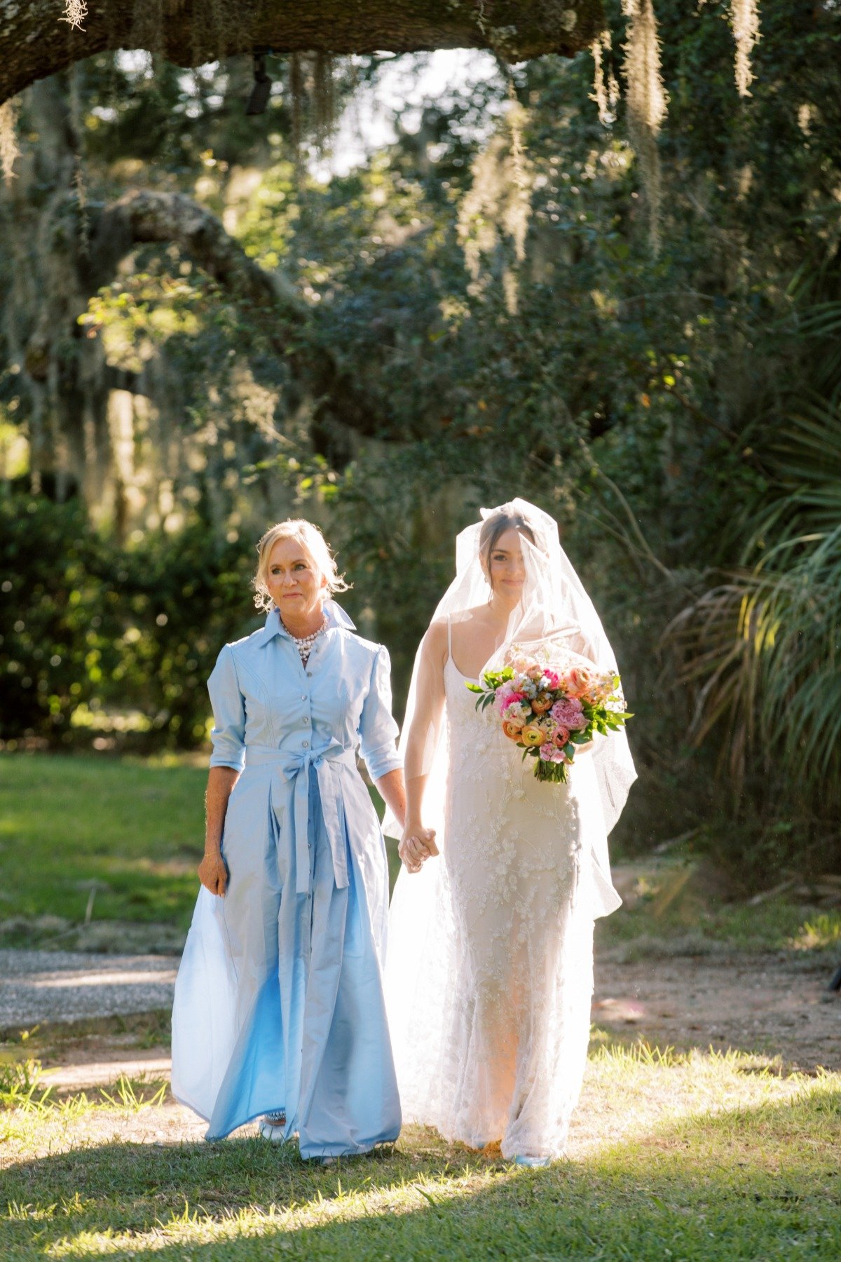 mom in blue cotton shirt dress for wedding in south carolina