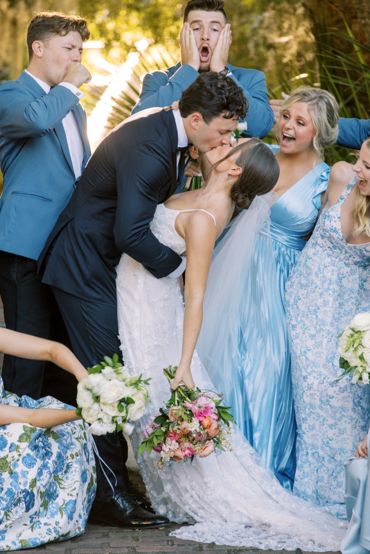 blue and white wedding party looks