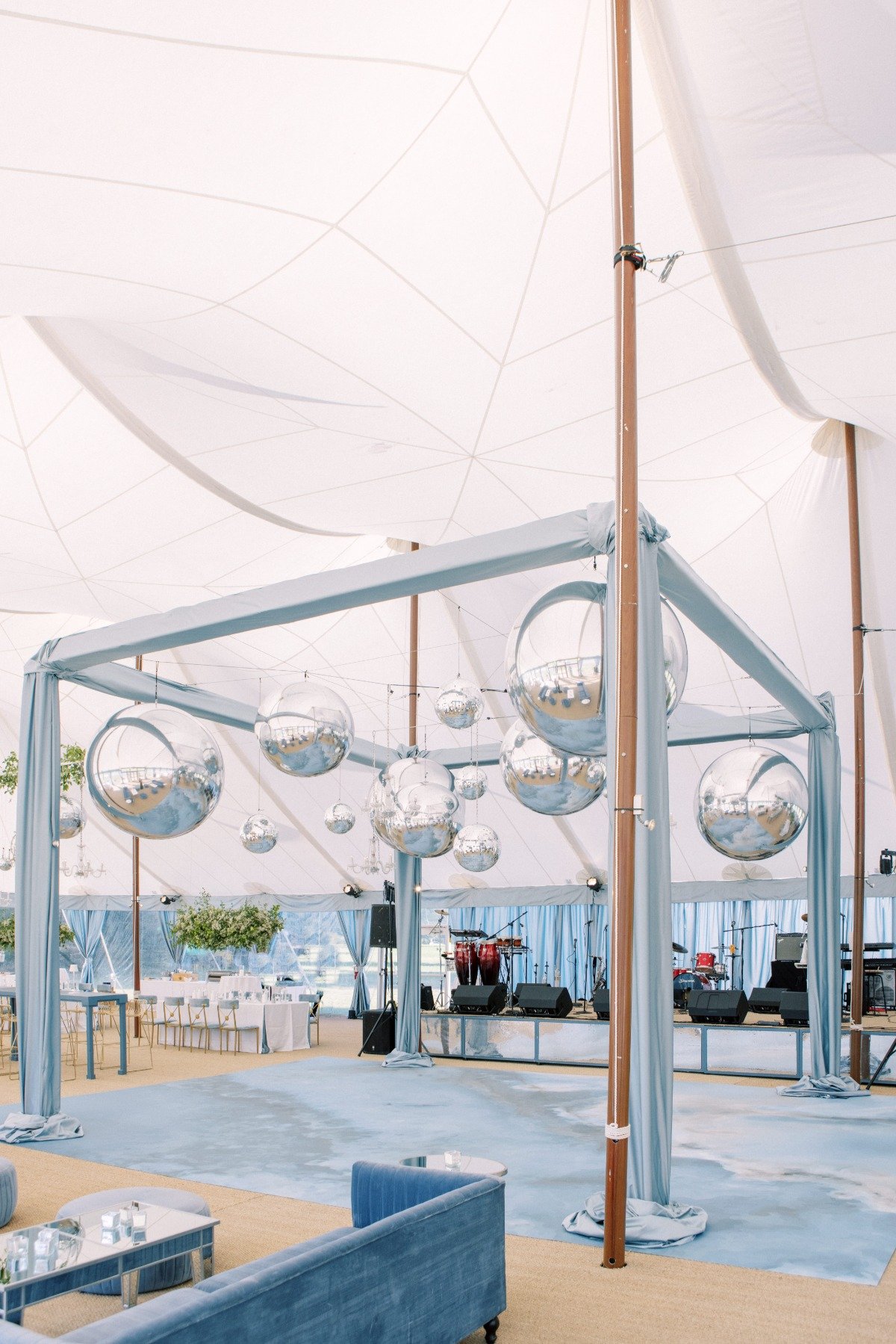 draped dancefloor with silver spheres