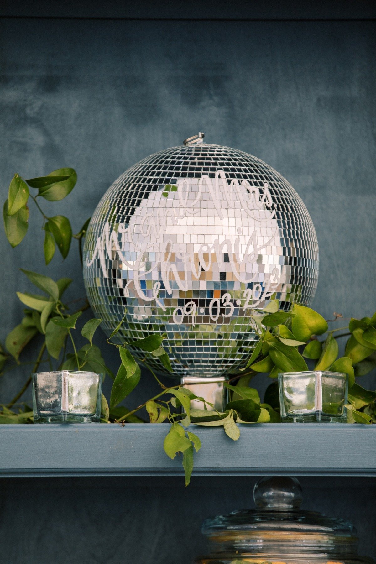 silver disco ball wedding sign