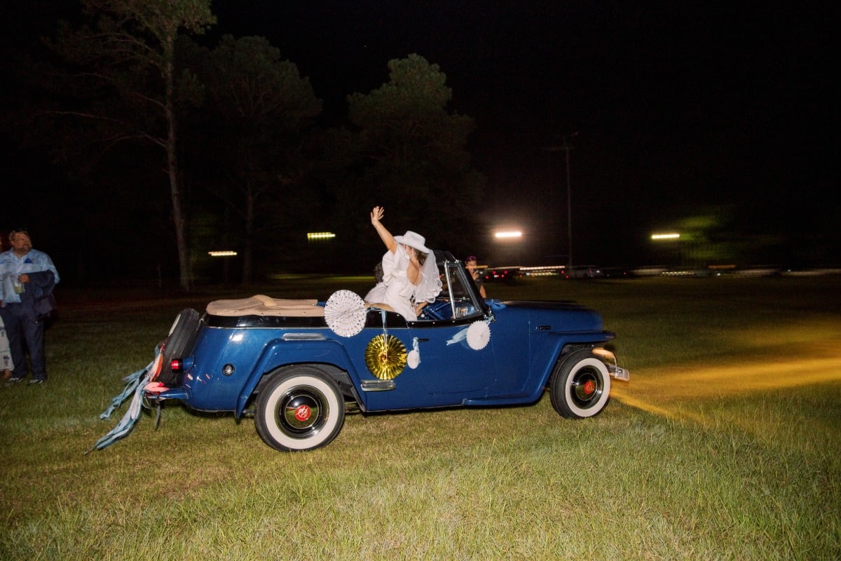 blue vintage convertible for wedding exit