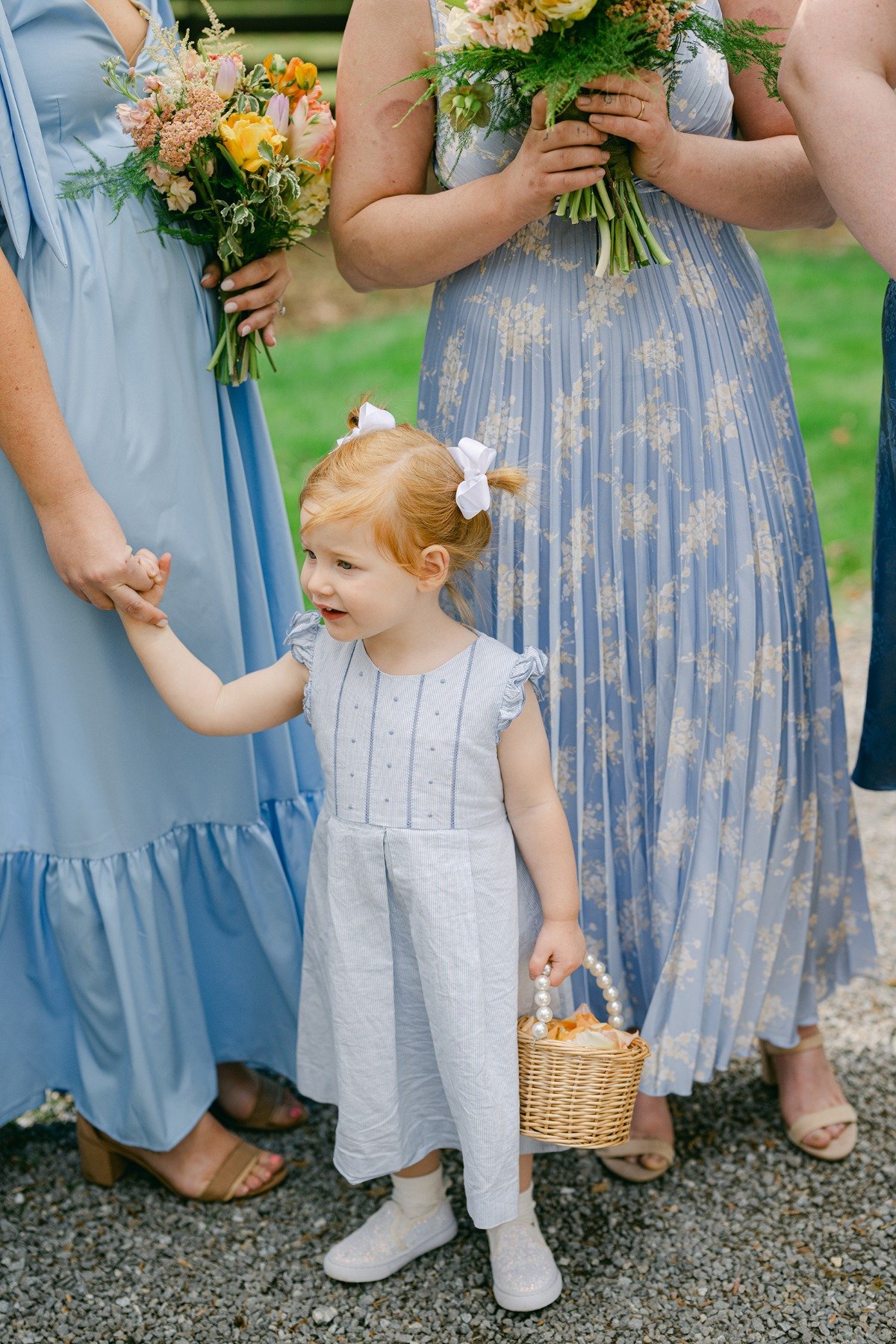 blue and white floral print bridesmaid dresses