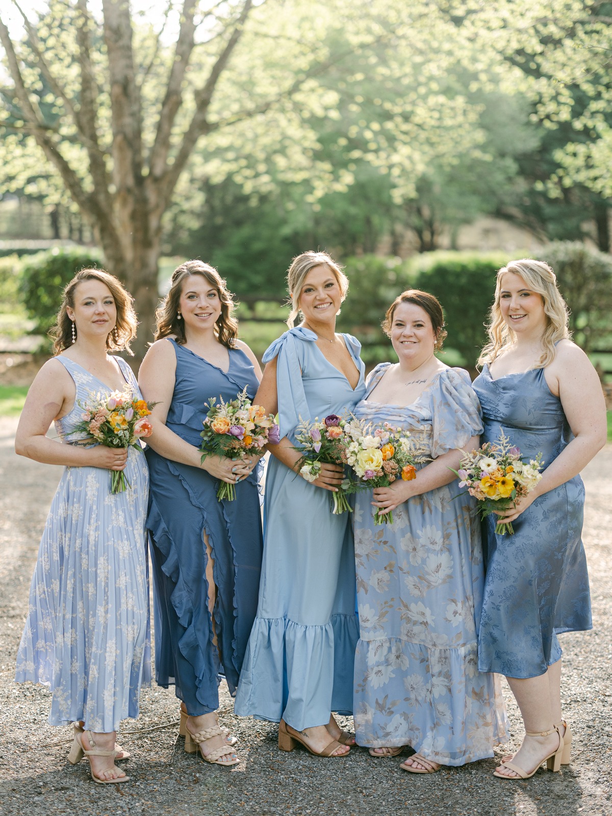 blue printed bridesmaid dresses