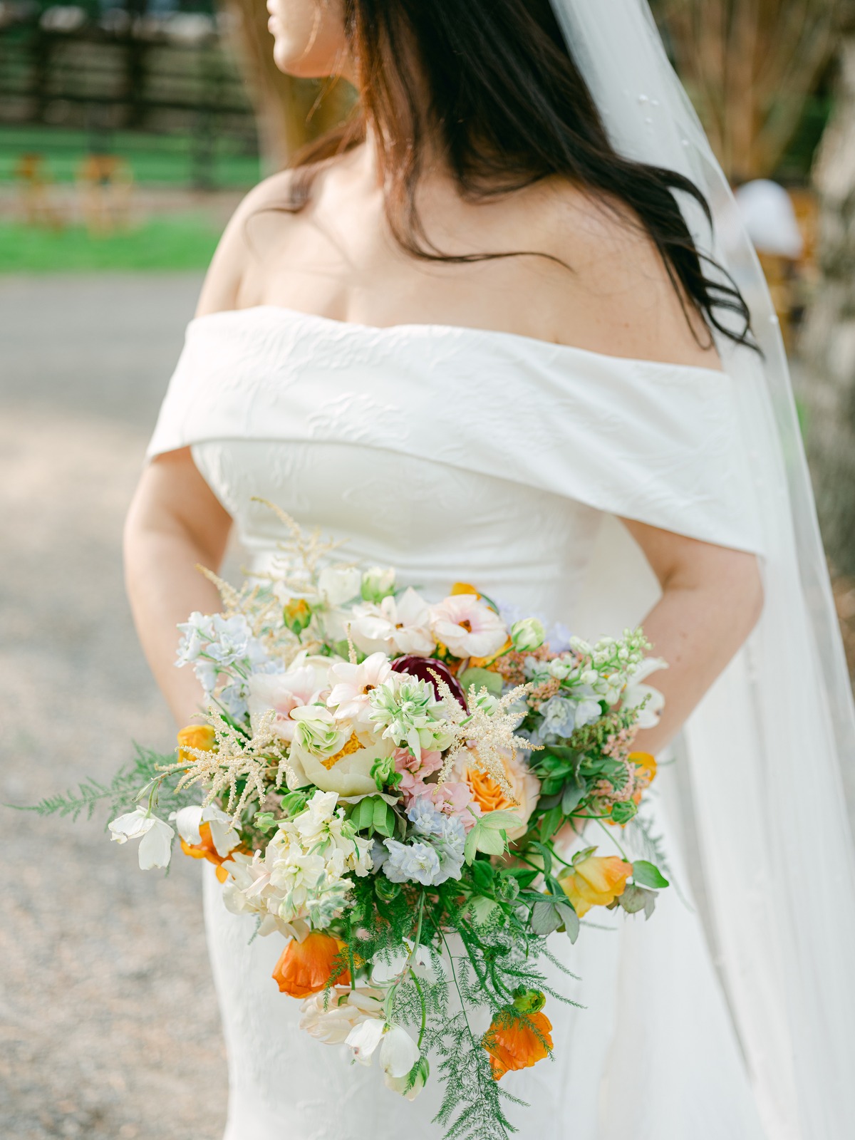 off the shoulder jacquard wedding gown with bow