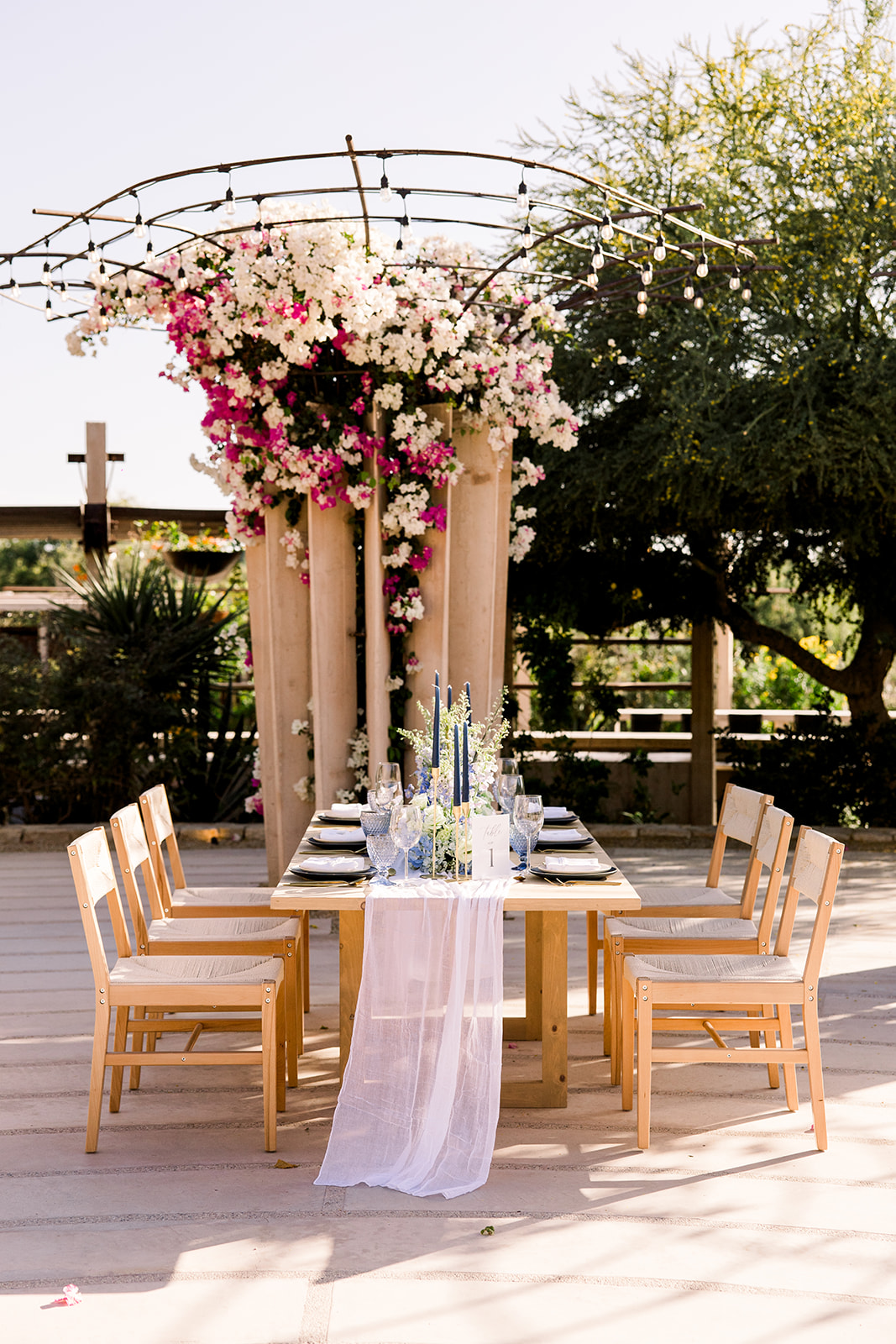 magenta and white floral installation